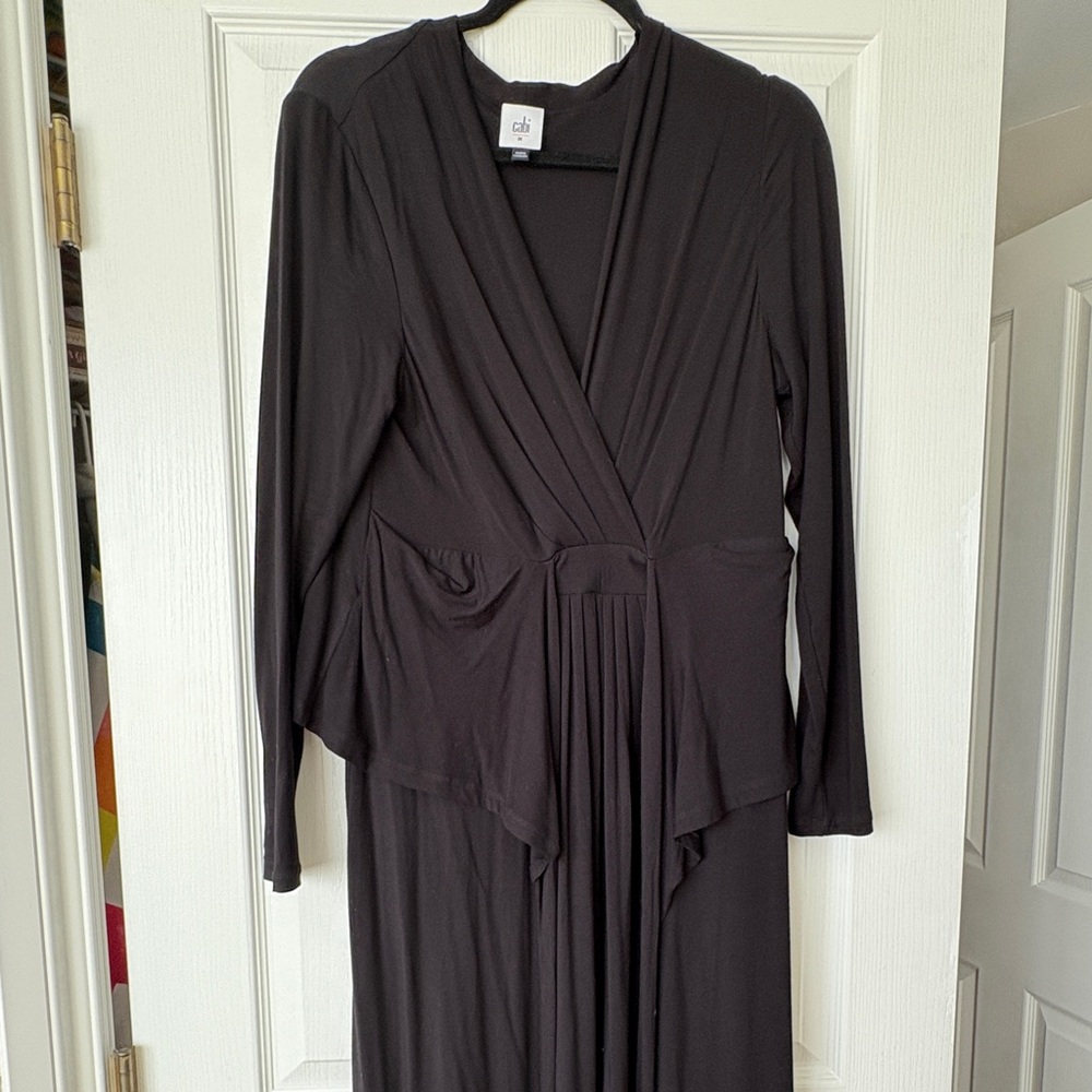 CAbi Black Long Sleeve Wrap Gown with Plunge Neckline